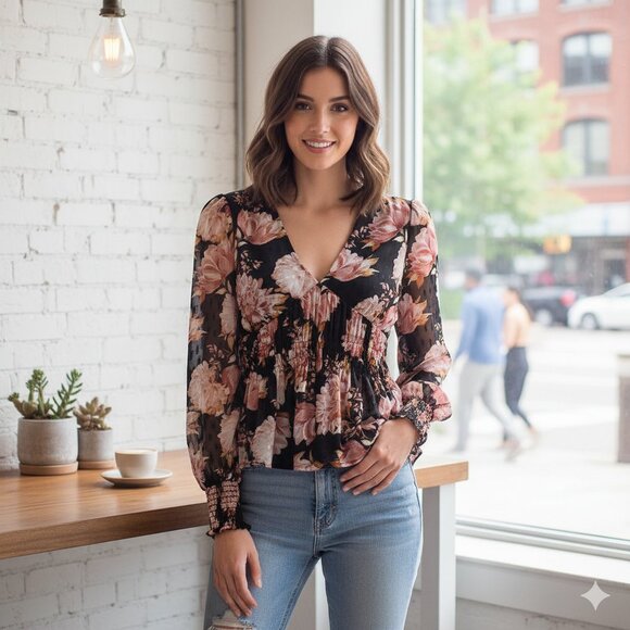 ASTR Nadia Long Sleeve Top Black Pink Multi Floral Size Small NWT - Picture 1 of 5